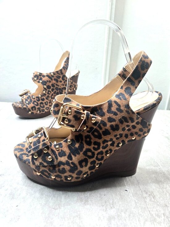 Jessica Simpson Shoes - Platform Wedge Sandals 8.5 Leopard Print Peep Toe Studded Buckle Y2k Retro Glam